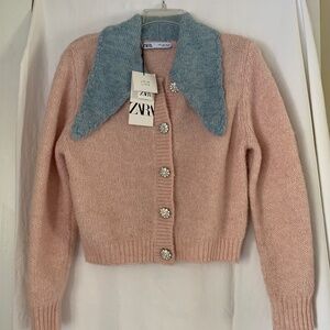 Zara Pink Cardigan with Blue Collar
